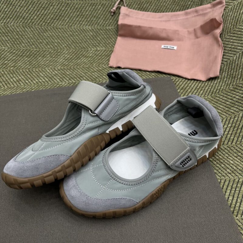 Miu Miu Technical Fabric and Grey Suede Flats - Image 2