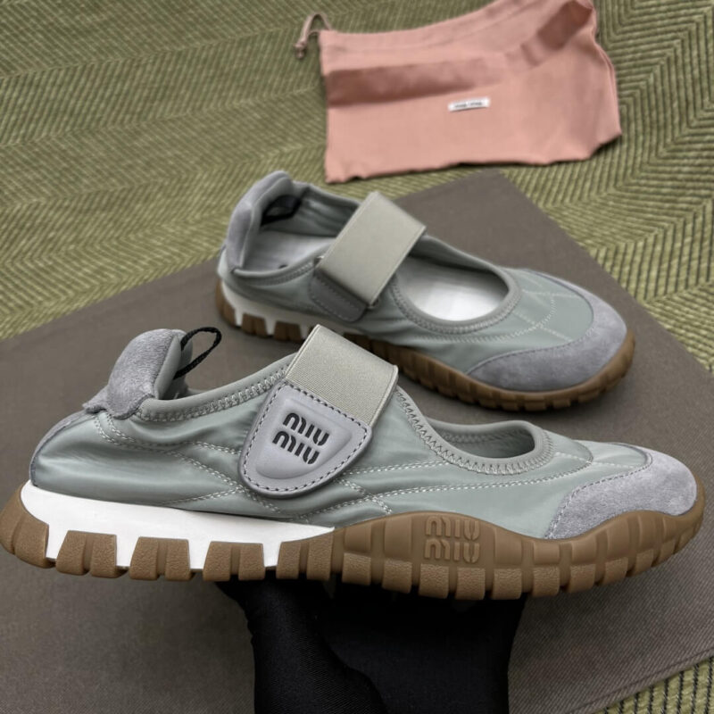 Miu Miu Technical Fabric and Grey Suede Flats - Image 8
