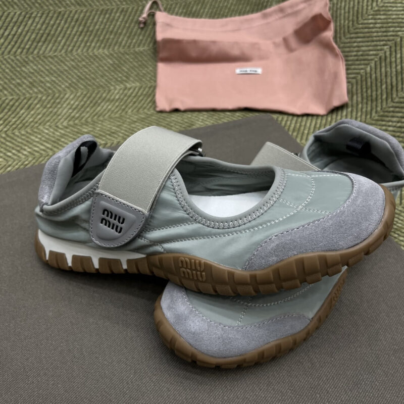 Miu Miu Technical Fabric and Grey Suede Flats - Image 9