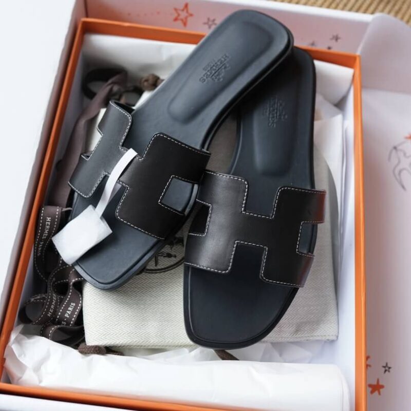 Hermes Oran Sandals with Black Swift Leather