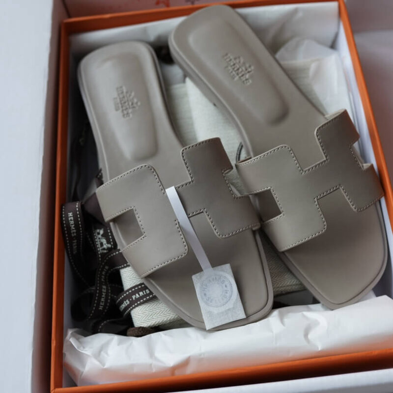 Hermes Oran Sandals with Grey Box Leather - Image 9