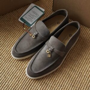 Loro Piana Summer Charms Walk Grey Suede Loafers