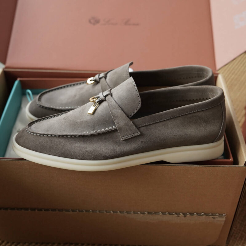 Loro Piana Summer Charms Walk Grey Suede Loafers - Image 6