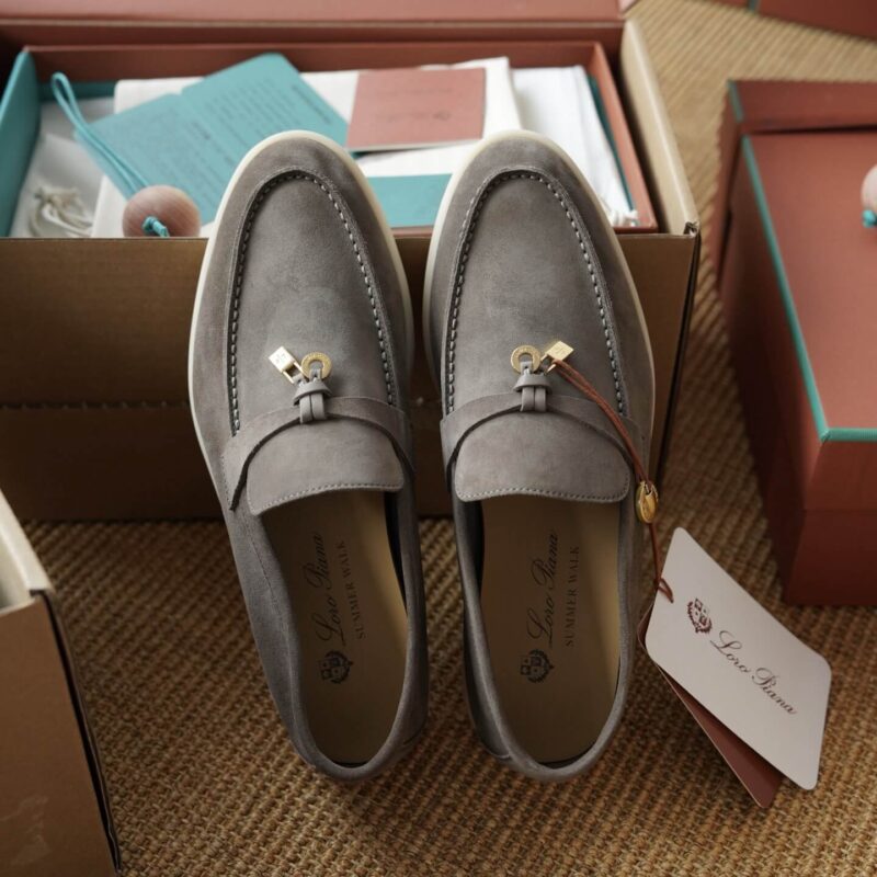 Loro Piana Summer Charms Walk Grey Suede Loafers - Image 7