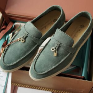 Loro Piana Summer Charms Walk Green Suede Loafers
