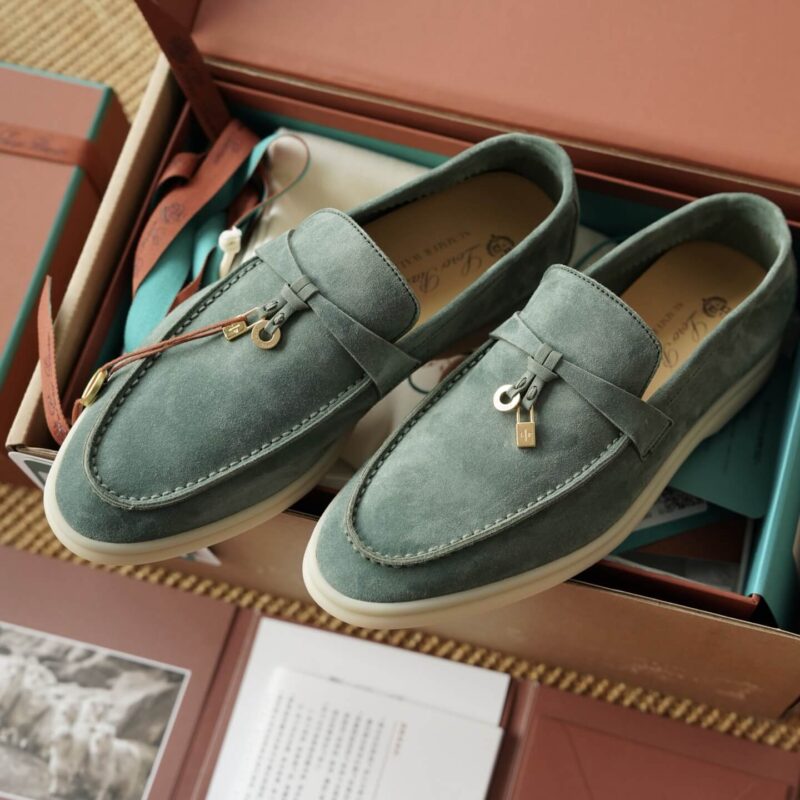 Loro Piana Summer Charms Walk Green Suede Loafers - Image 4
