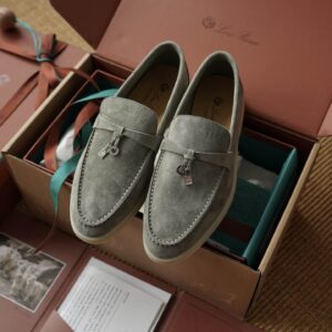 Loro Piana Summer Charms Army Green Suede Loafers