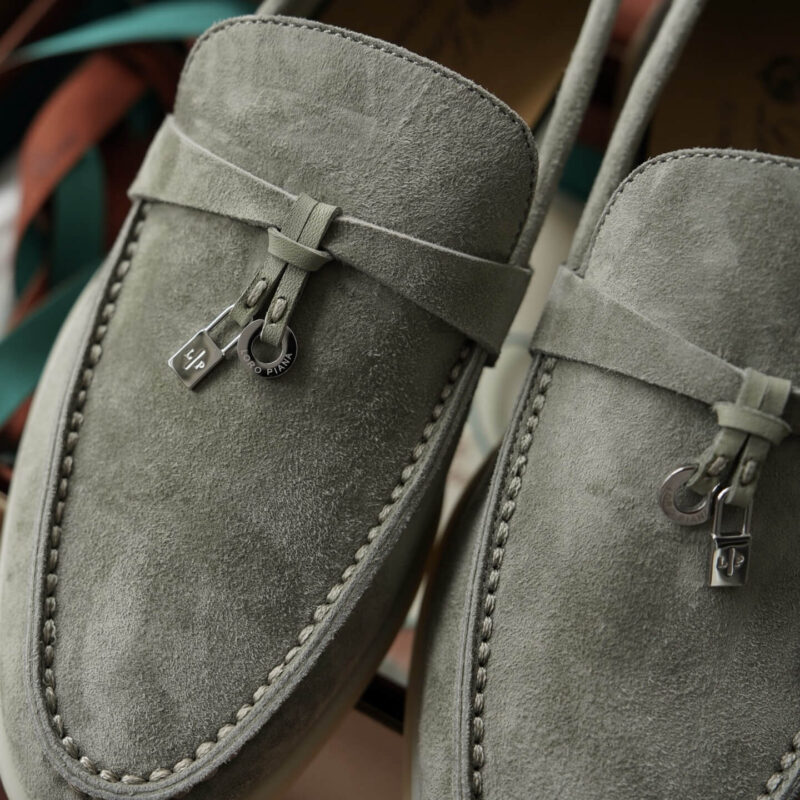 Loro Piana Summer Charms Army Green Suede Loafers - Image 2