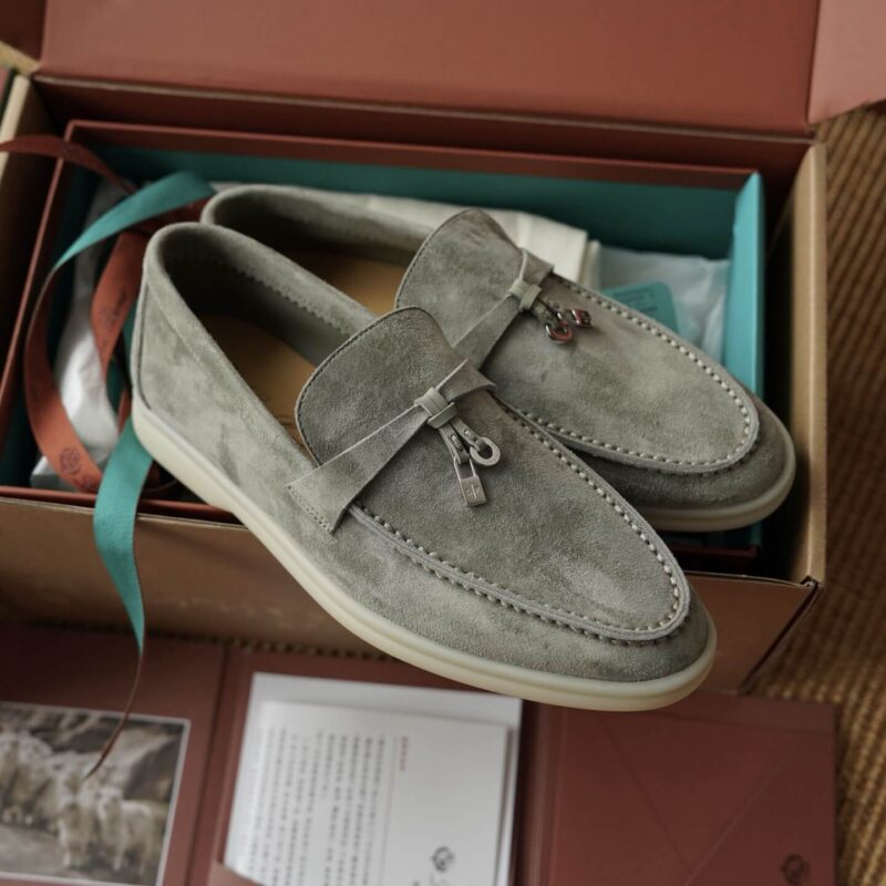 Loro Piana Summer Charms Army Green Suede Loafers - Image 3