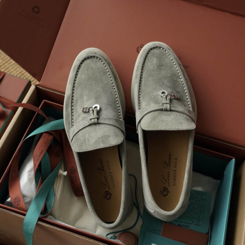 Loro Piana Summer Charms Army Green Suede Loafers - Image 4