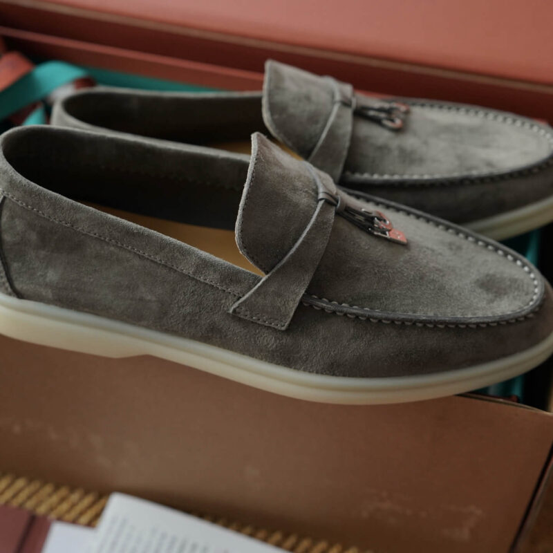 Loro Piana Summer Charms Walk Dark Grey Suede Loafers - Image 4