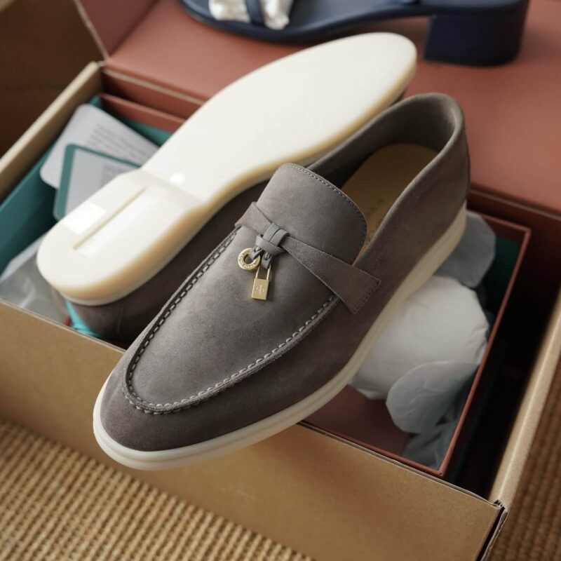 Loro Piana Summer Charms Walk Grey Suede Loafers - Image 9